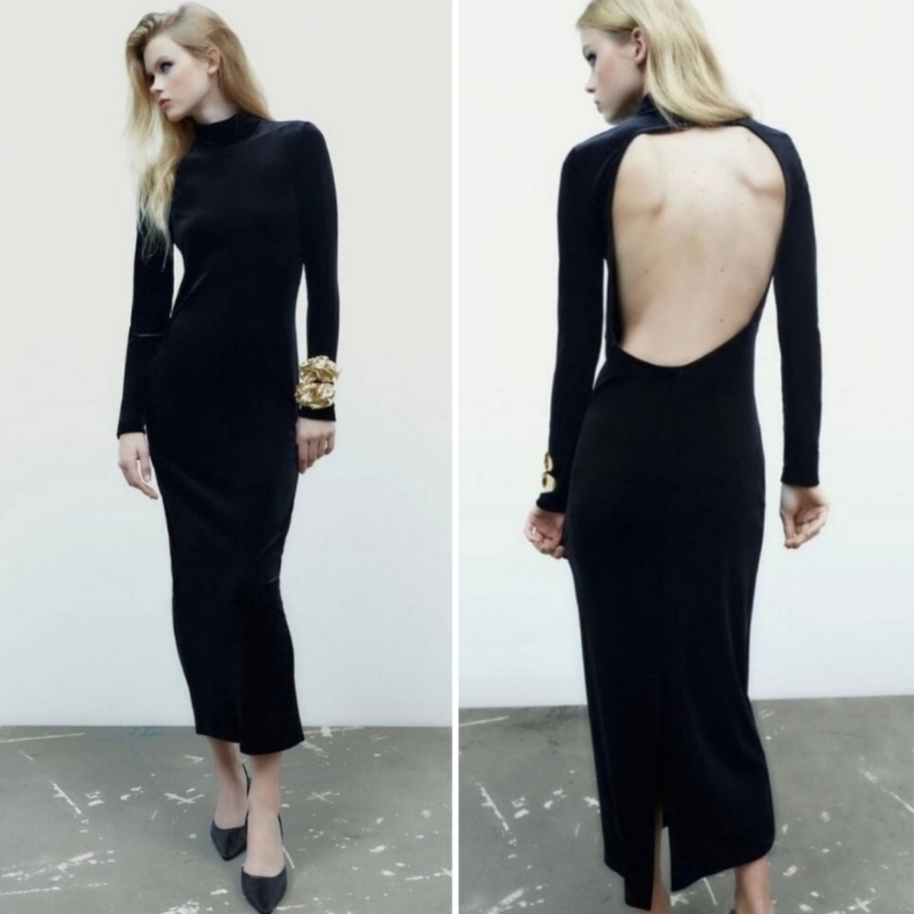 Zara Black Backless Long Sleeve Sheath Dress